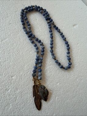 Blue Beaded Feather Pendant Necklace 36 inch